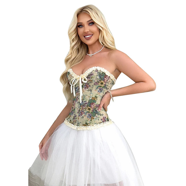 Women's Floral Embroidered Ruffled Lace Up Corsage Corselet Slimming Bustier Body Shapewear Corset