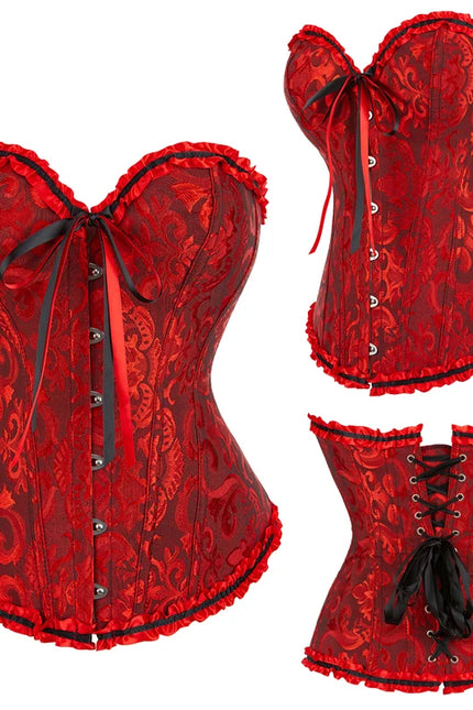 Jacquard Overbust Corset Floral Waist Bustier Top Basques Lace Up Corselet Body Shaper Corset