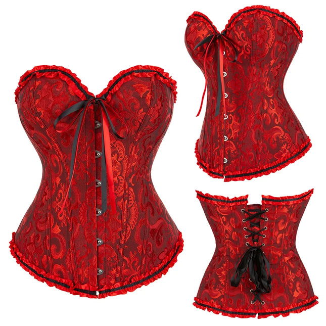 Jacquard Overbust Corset Floral Waist Bustier Top Basques Lace Up Corselet Body Shaper Corset