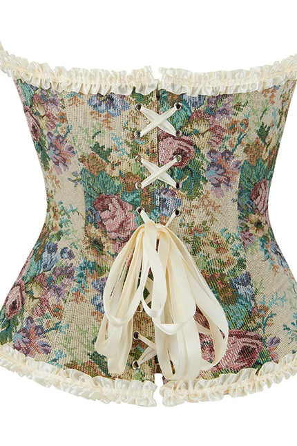 Women's Floral Embroidered Ruffled Lace Up Corsage Corselet Slimming Bustier Body Shapewear Corset