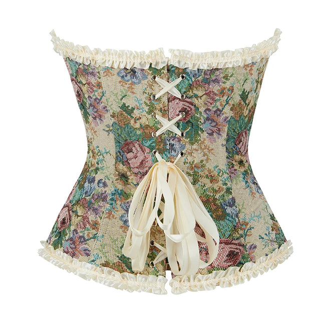 Women's Floral Embroidered Ruffled Lace Up Corsage Corselet Slimming Bustier Body Shapewear Corset