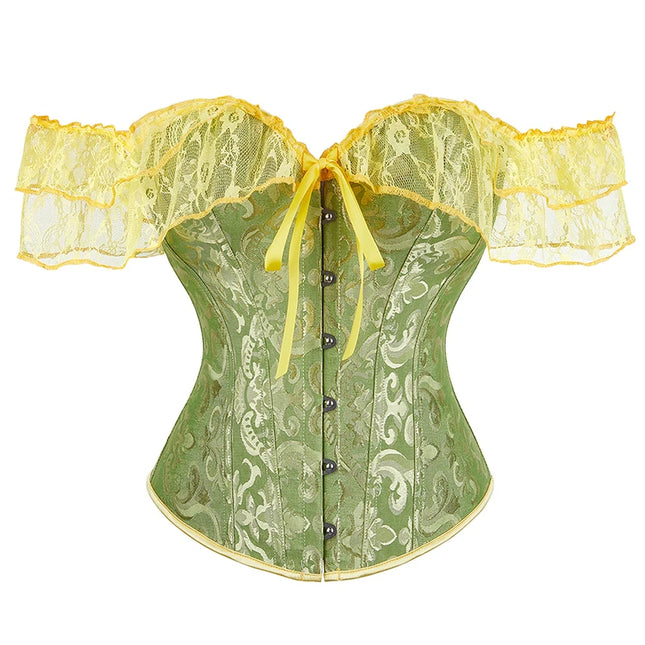 Womens Bustier Corset Lace Up short sleeve sheer corset blouse costume crop top lingerie waist cincher