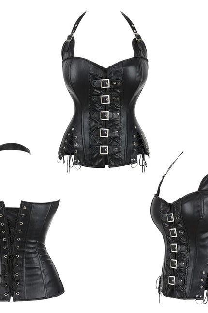 Black Brown Slimming Body Shapewear Women Punk Rock Faux Leather Halter Corset Bustier Basques