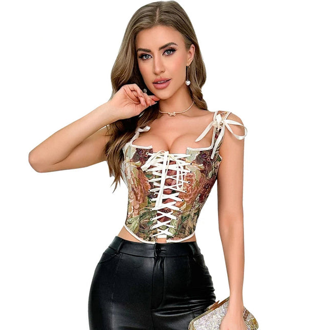 S-xxl printed bandage corsets front renaissance vintage corset for women with lace-up vest boneless