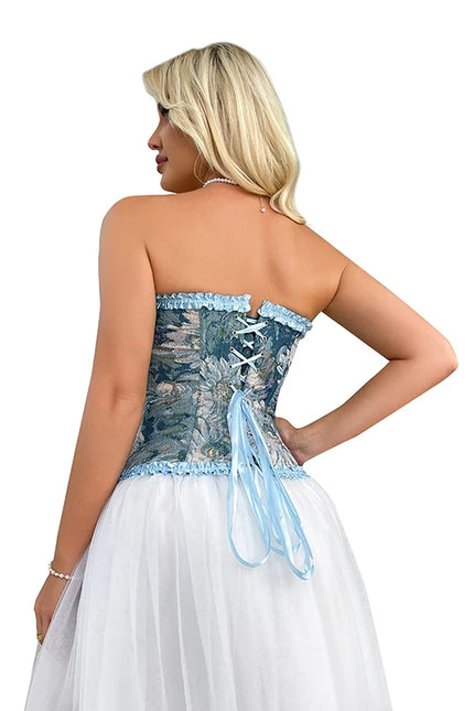Ladies floral print lingerie bustier 6-brooch closure blue lace trimmer corset top with boning