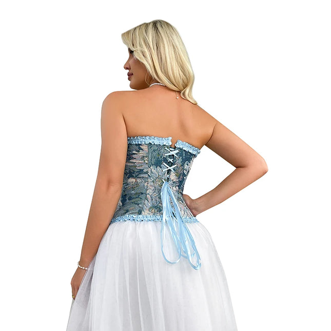 Ladies floral print lingerie bustier 6-brooch closure blue lace trimmer corset top with boning