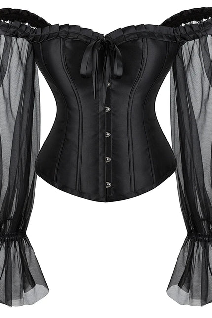 Sheer Long Sleeve Overbust Corset Gothic Corsage Off Shoulder Corselet Satin Black Corset Plus Size Bustier Top