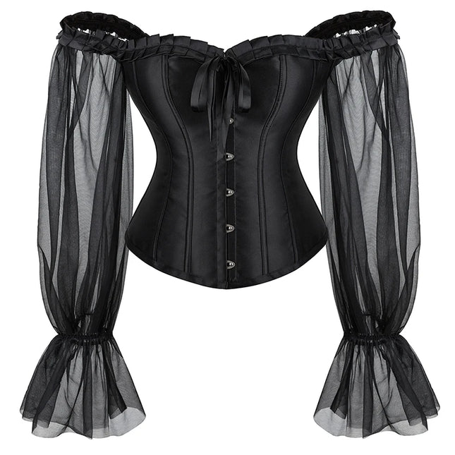 Sheer Long Sleeve Overbust Corset Gothic Corsage Off Shoulder Corselet Satin Black Corset Plus Size Bustier Top