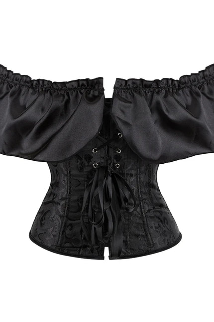 Women Overbust Corselet Going Out Wear Off Shoulder Black Victorian Corset Top With Lantern Sleeve
