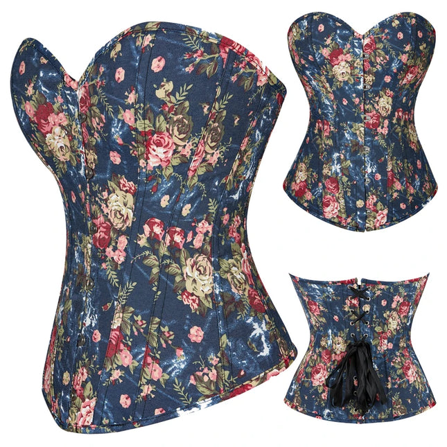 Floral Embroidered Corsette 14 Bone Support Lace Bandage Bustier Corset Top with 6 Brooches