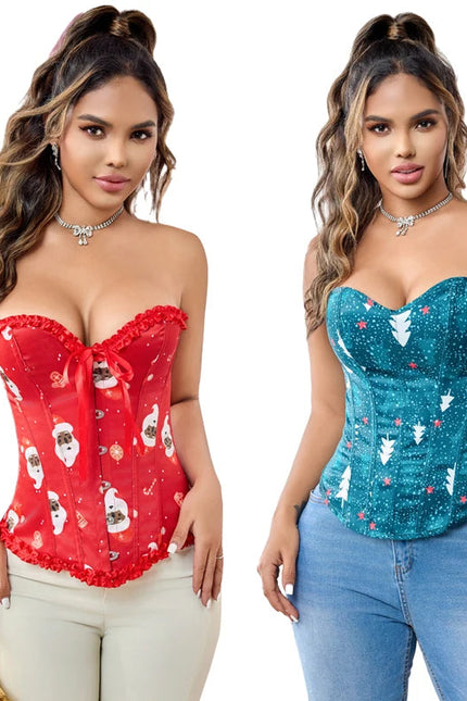 Ladies Satin Christmas Santa Claus Bells Print Dancewear Corset Top