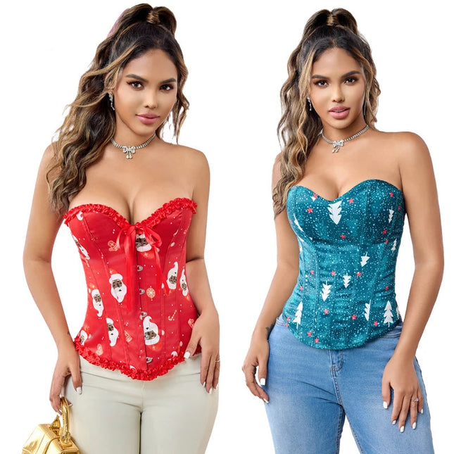Ladies Satin Christmas Santa Claus Bells Print Dancewear Corset Top