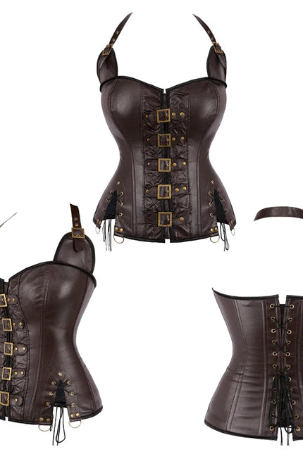 Black Brown Slimming Body Shapewear Women Punk Rock Faux Leather Halter Corset Bustier Basques