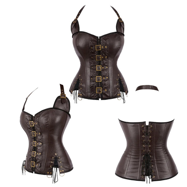 Black Brown Slimming Body Shapewear Women Punk Rock Faux Leather Halter Corset Bustier Basques