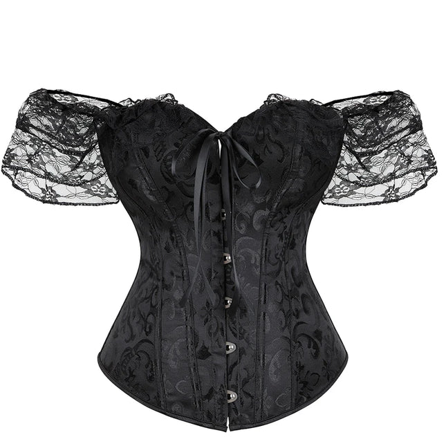Womens Bustier Corset Lace Up short sleeve sheer corset blouse costume crop top lingerie waist cincher