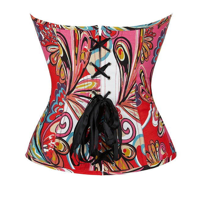 6 brooches closure red green vintage corset bustier butterfly print overbust corset top