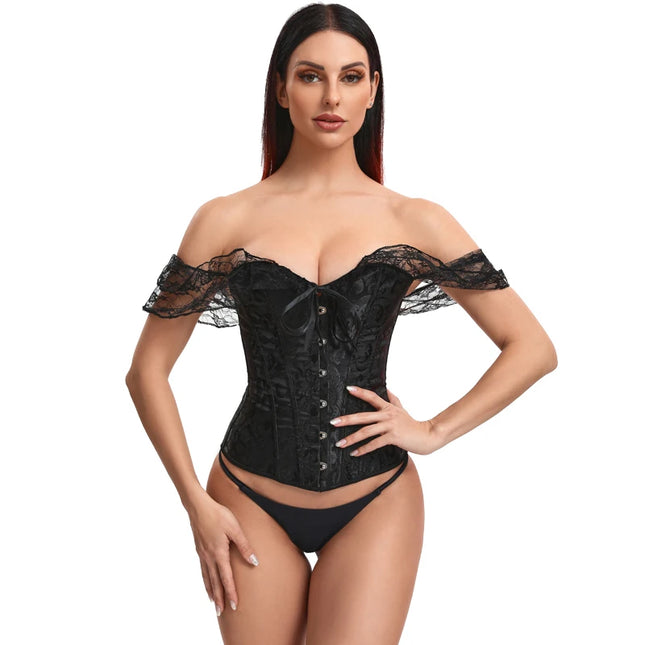 Sexy Off-Shoulder Transparent Lace Sleeves Corset Overbust Fashion Floral Top Vintage Embroidery Lace Up Bustier Lingerie Corselet