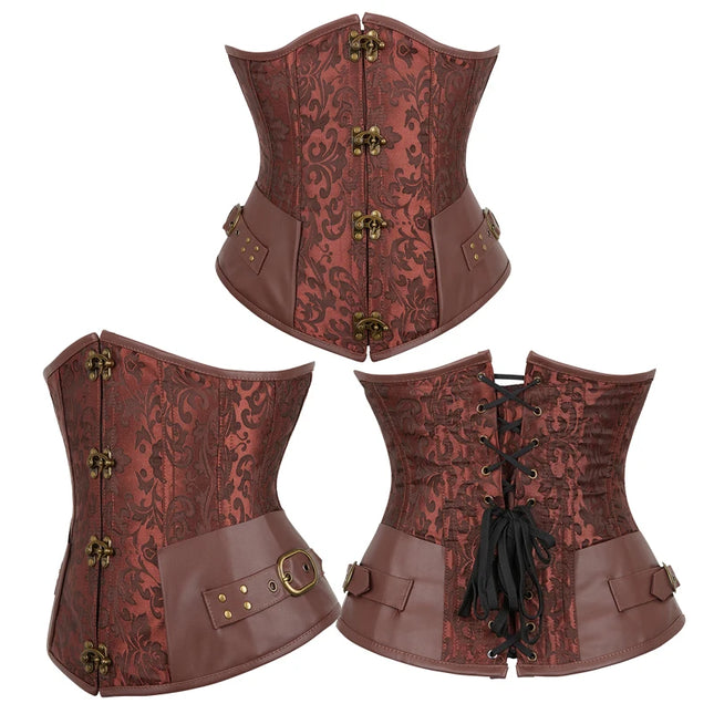 Brown Black Women Steampunk Underbust Waist Cincher Spiral Corset Waist Trainer With Claps #863