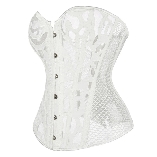 Women Steampunk Corset Hollow Out Mesh Waist Bustier Top Black White Gothic Corselet Basques