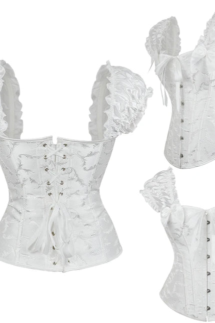 Black/White Ruffled Sleeves Body Shapewear Embroidered Floral Corset Bridal Bustier with G-String