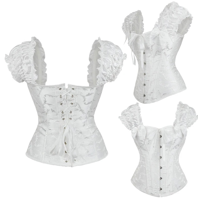 Black/White Ruffled Sleeves Body Shapewear Embroidered Floral Corset Bridal Bustier with G-String