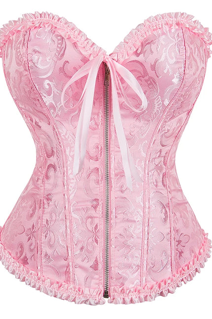 Overbust Corset Zipper Waist Bustier Top Black White Brown Pink Beige Red Blue Elegant Basques Corset