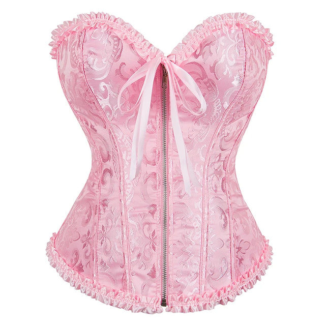 Overbust Corset Zipper Waist Bustier Top Black White Brown Pink Beige Red Blue Elegant Basques Corset