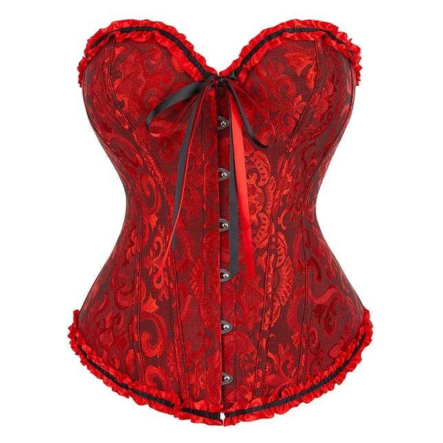 Ladies Vintage Brocade Lace Red Black White Corset Top With Busk And Adjustable Ribbon Sexy Corset