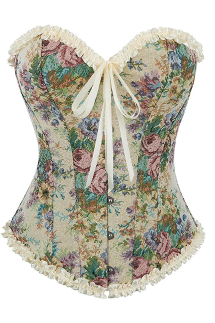 Women's Floral Embroidered Ruffled Lace Up Corsage Corselet Slimming Bustier Body Shapewear Corset