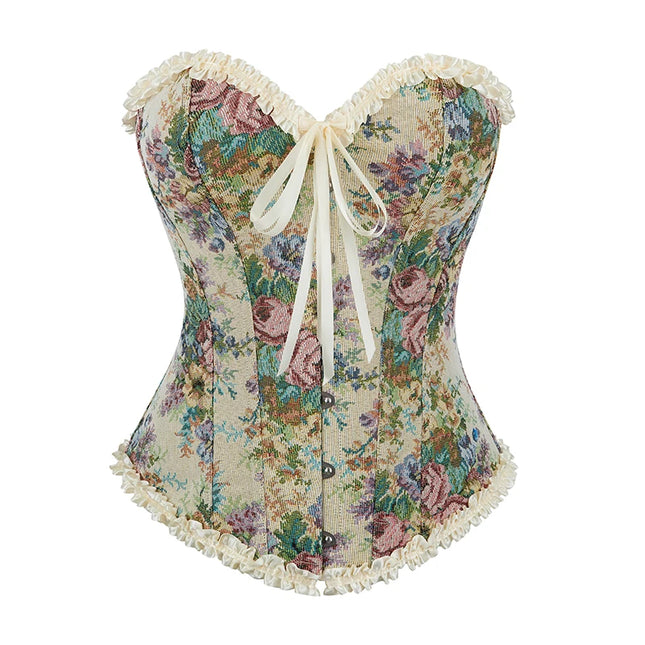 Women's Floral Embroidered Ruffled Lace Up Corsage Corselet Slimming Bustier Body Shapewear Corset