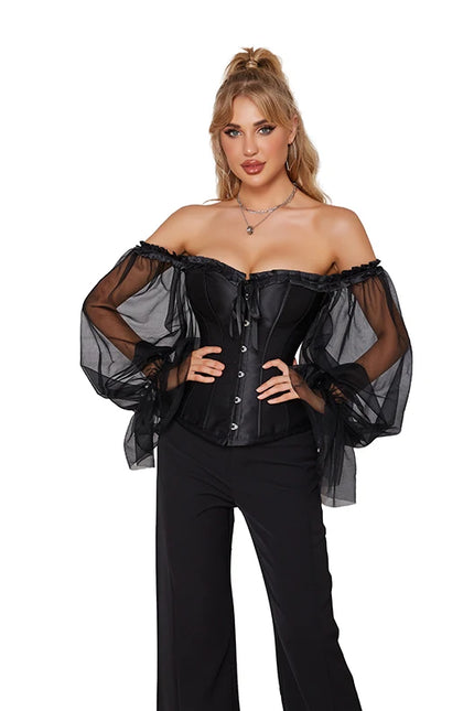Sheer Long Sleeve Overbust Corset Gothic Corsage Off Shoulder Corselet Satin Black Corset Plus Size Bustier Top