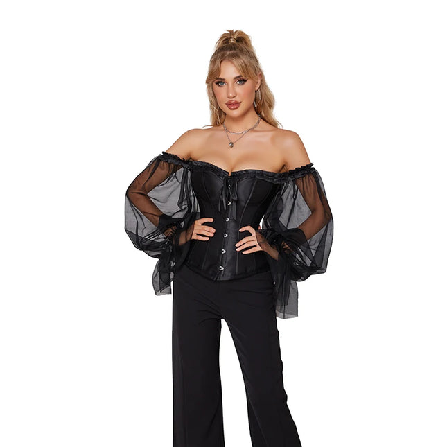 Sheer Long Sleeve Overbust Corset Gothic Corsage Off Shoulder Corselet Satin Black Corset Plus Size Bustier Top
