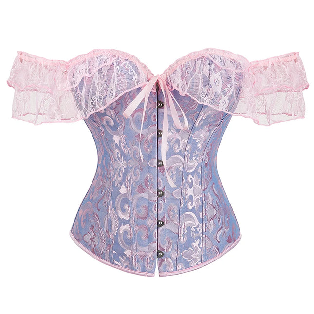 Womens Bustier Corset Lace Up short sleeve sheer corset blouse costume crop top lingerie waist cincher