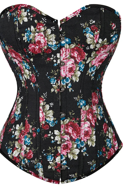 Floral Embroidered Corsette 14 Bone Support Lace Bandage Bustier Corset Top with 6 Brooches