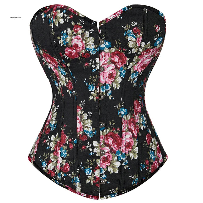 Floral Embroidered Corsette 14 Bone Support Lace Bandage Bustier Corset Top with 6 Brooches