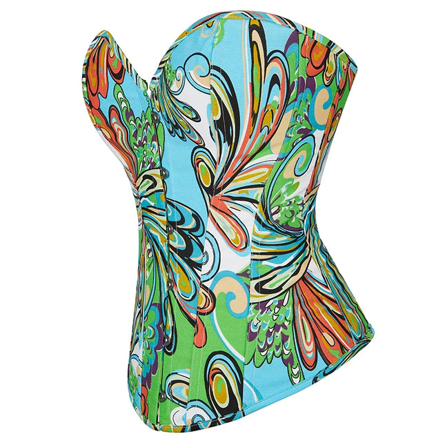 12-fish boned ladies gothic corset sexy lingerie colorful print corset top with laces