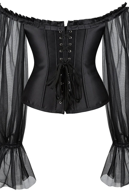 Sheer Long Sleeve Overbust Corset Gothic Corsage Off Shoulder Corselet Satin Black Corset Plus Size Bustier Top