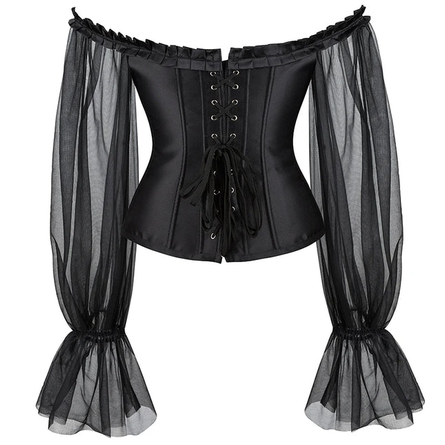 Sheer Long Sleeve Overbust Corset Gothic Corsage Off Shoulder Corselet Satin Black Corset Plus Size Bustier Top