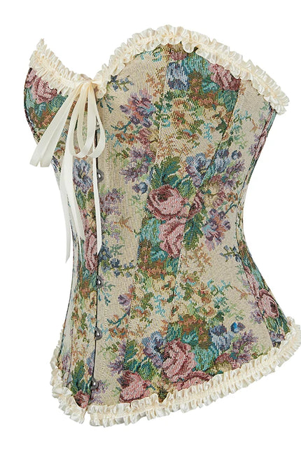Women's Floral Embroidered Ruffled Lace Up Corsage Corselet Slimming Bustier Body Shapewear Corset
