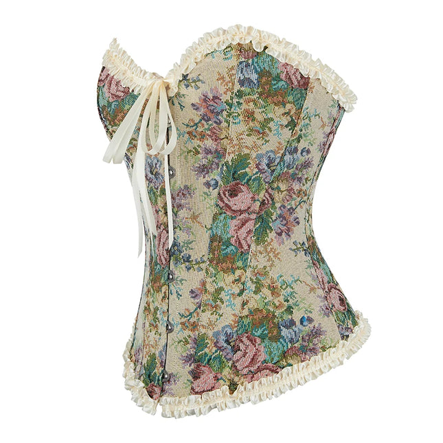 Women's Floral Embroidered Ruffled Lace Up Corsage Corselet Slimming Bustier Body Shapewear Corset