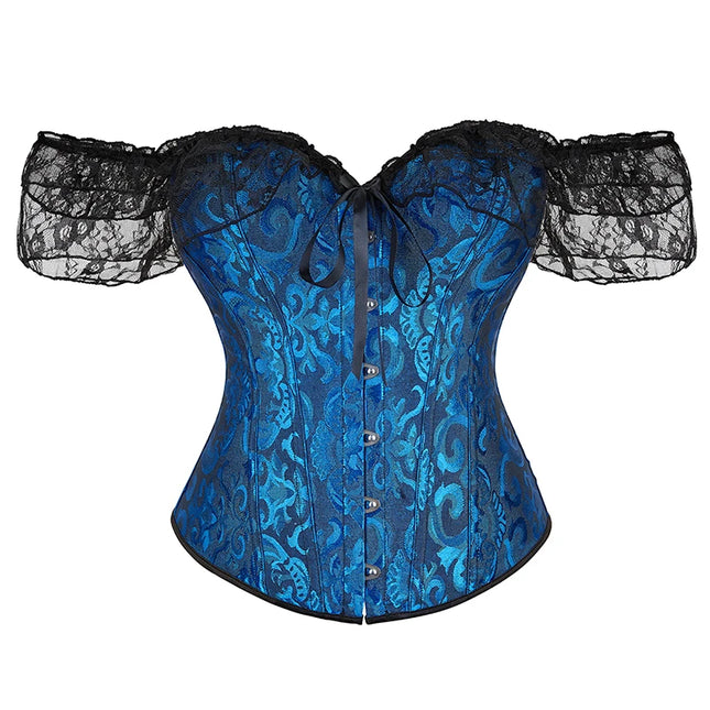Womens Bustier Corset Lace Up short sleeve sheer corset blouse costume crop top lingerie waist cincher