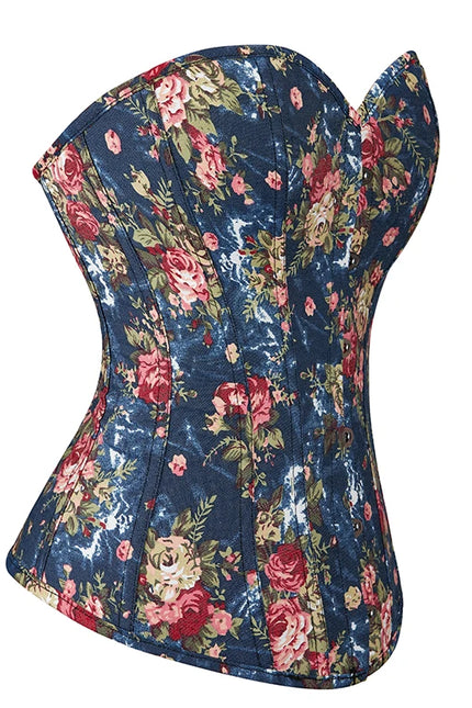 Floral Embroidered Corsette 14 Bone Support Lace Bandage Bustier Corset Top with 6 Brooches