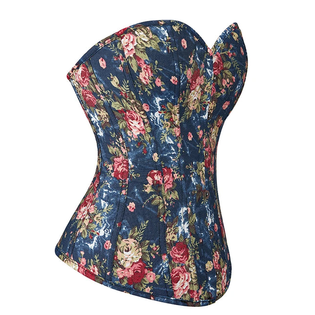 Floral Embroidered Corsette 14 Bone Support Lace Bandage Bustier Corset Top with 6 Brooches