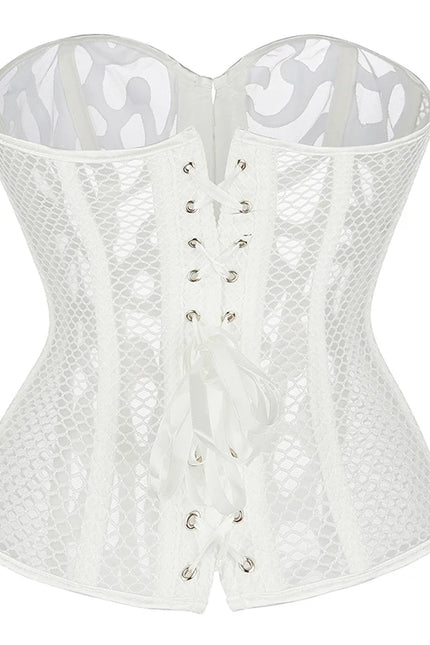 Women Steampunk Corset Hollow Out Mesh Waist Bustier Top Black White Gothic Corselet Basques