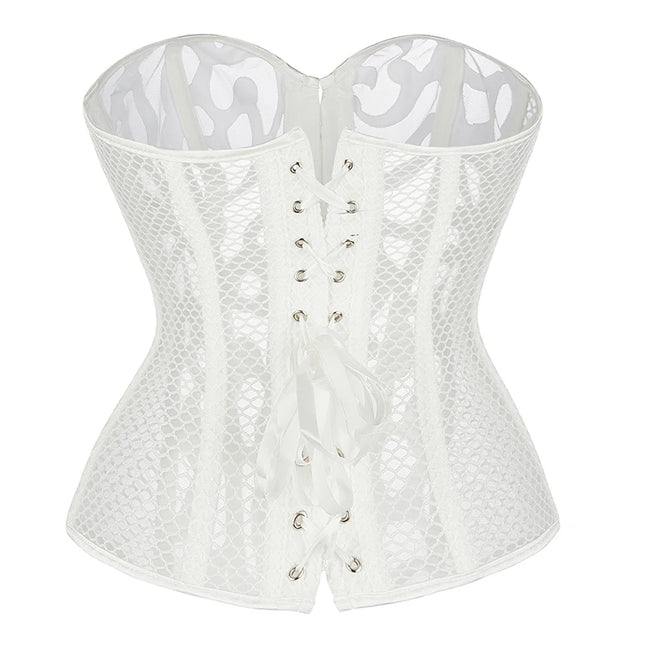 Women Steampunk Corset Hollow Out Mesh Waist Bustier Top Black White Gothic Corselet Basques