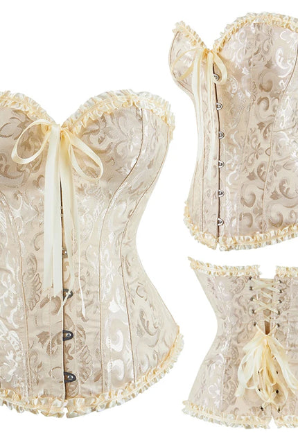 Jacquard Overbust Corset Floral Waist Bustier Top Basques Lace Up Corselet Body Shaper Corset