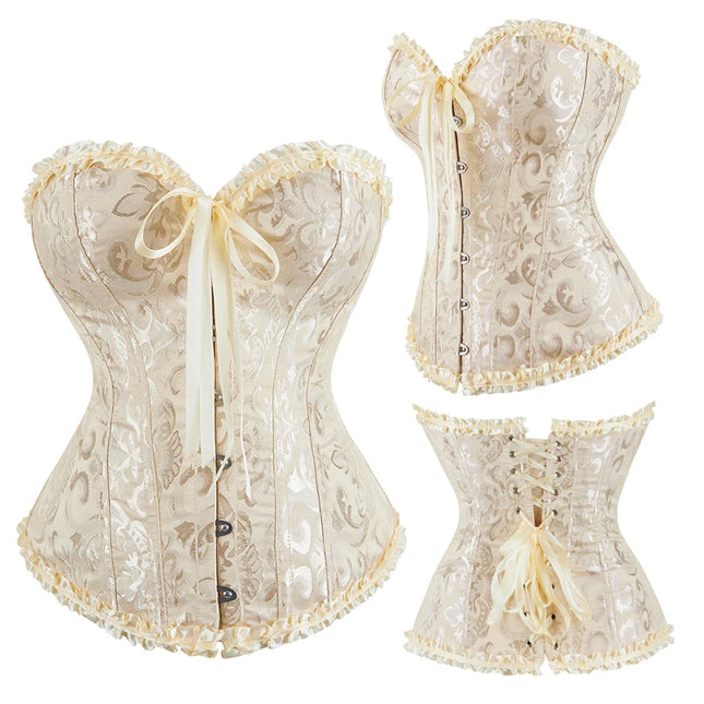 Jacquard Overbust Corset Floral Waist Bustier Top Basques Lace Up Corselet Body Shaper Corset