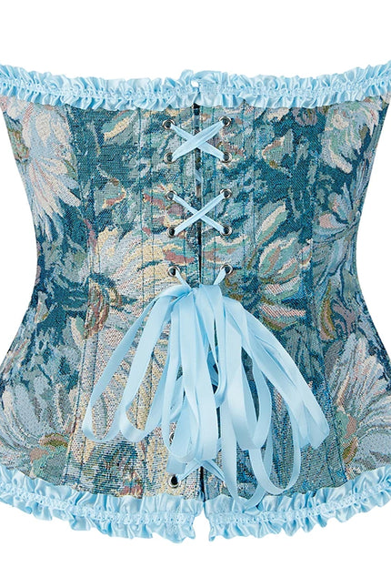 Ladies floral print lingerie bustier 6-brooch closure blue lace trimmer corset top with boning