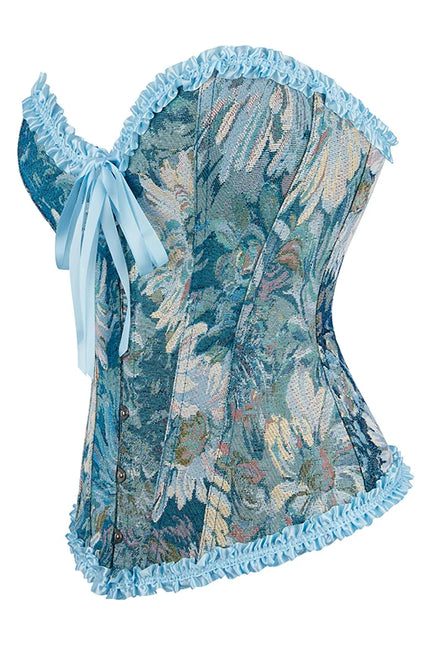 Ladies floral print lingerie bustier 6-brooch closure blue lace trimmer corset top with boning