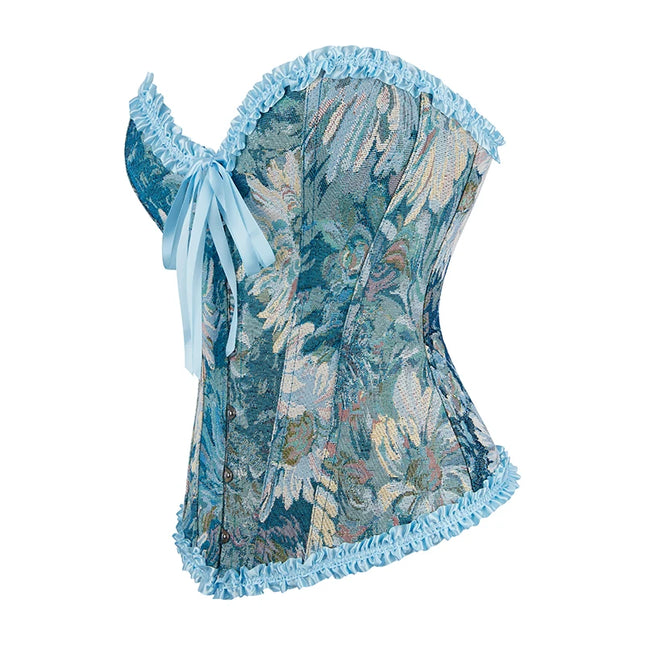 Ladies floral print lingerie bustier 6-brooch closure blue lace trimmer corset top with boning